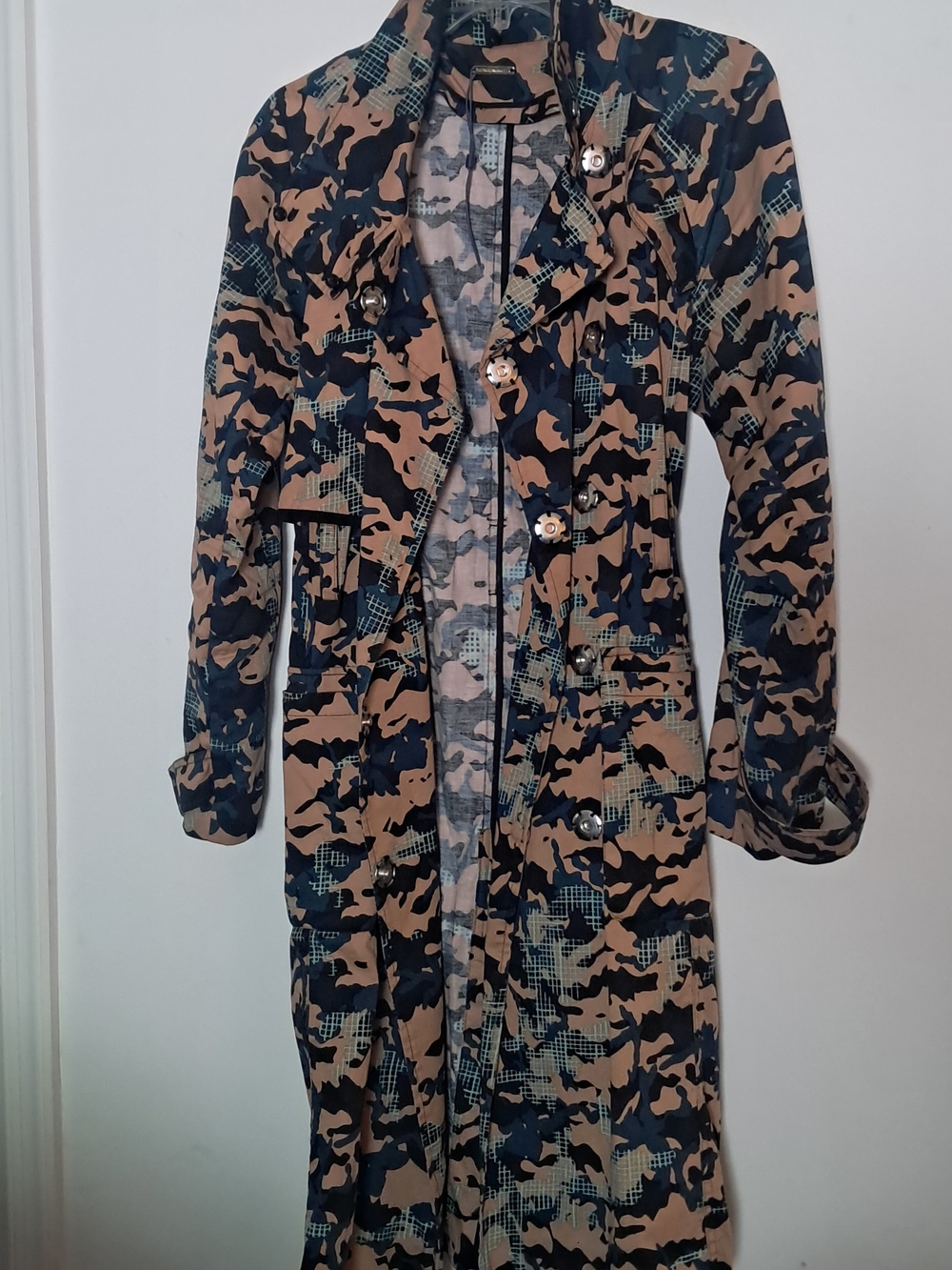 Rebecca Minkoff Tan, Black & Green Camouflage Trench Coat